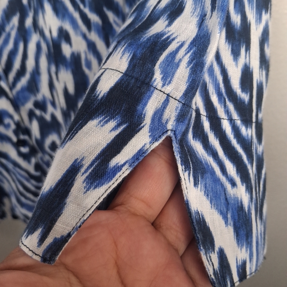 Chico's Linen Womens Tunic Button Shirt 3/4 Sleeve Blue White Abstract Size  XL - Picture 9 of 14
